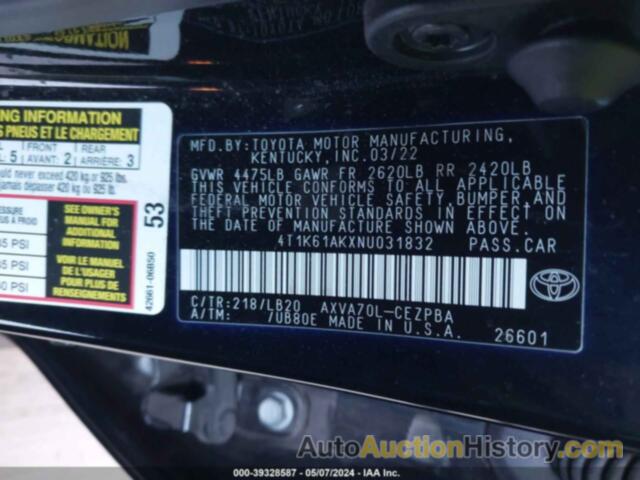 TOYOTA CAMRY XSE, 4T1K61AKXNU031832