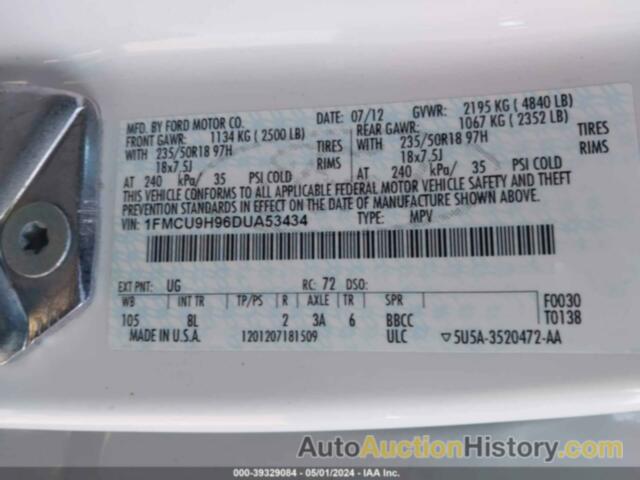 FORD ESCAPE SEL, 1FMCU9H96DUA53434