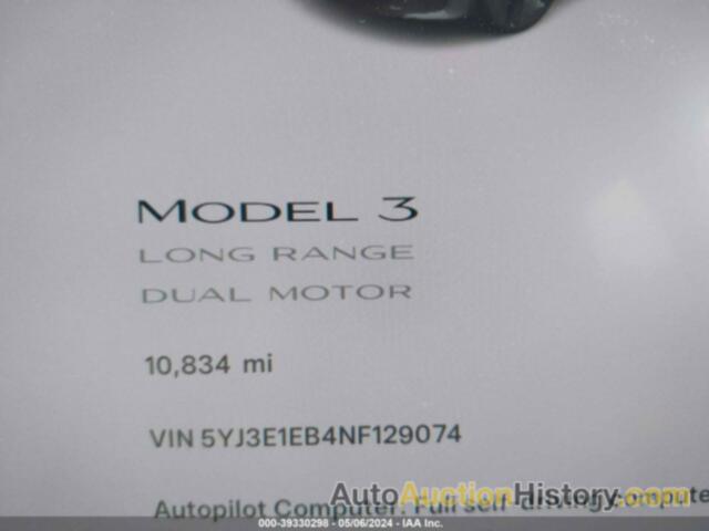TESLA MODEL 3 LONG RANGE DUAL MOTOR ALL-WHEEL DRIVE, 5YJ3E1EB4NF129074