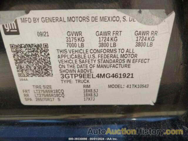 GMC SIERRA 1500 4WD  SHORT BOX AT4, 3GTP9EEL4MG461921
