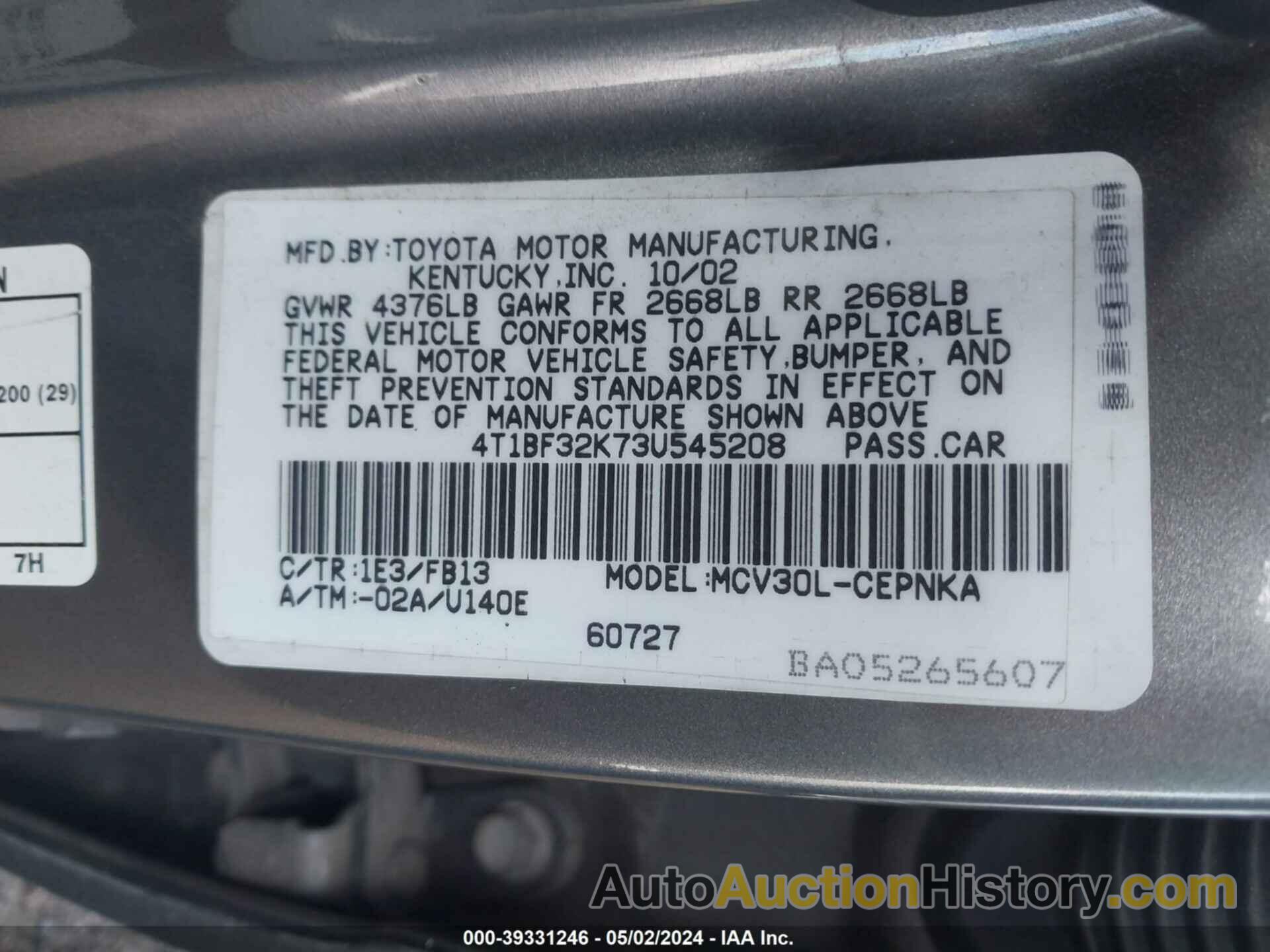 TOYOTA CAMRY LE V6, 4T1BF32K73U545208