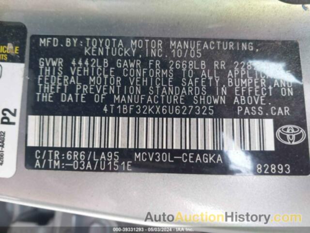 TOYOTA CAMRY XLE V6, 4T1BF32KX6U627325