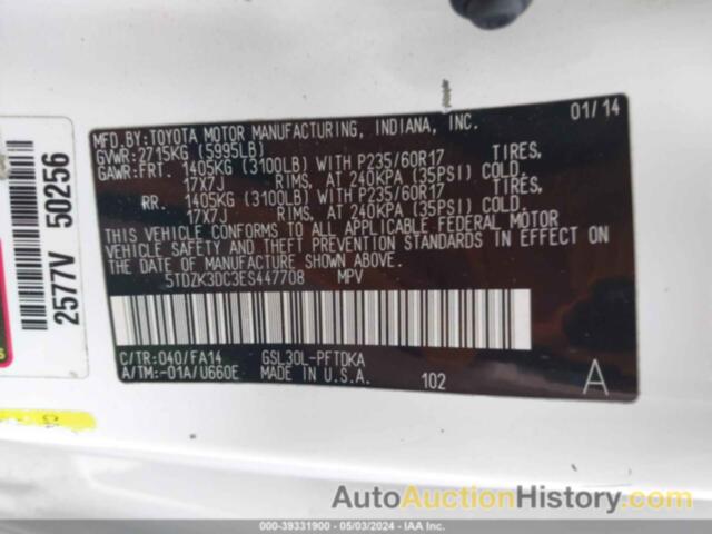 TOYOTA SIENNA, 5TDZK3DC3ES447708