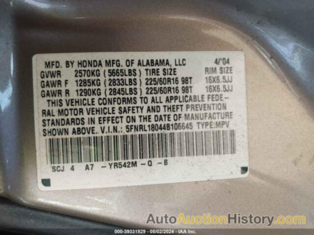 HONDA ODYSSEY EX-L, 5FNRL18044B106645