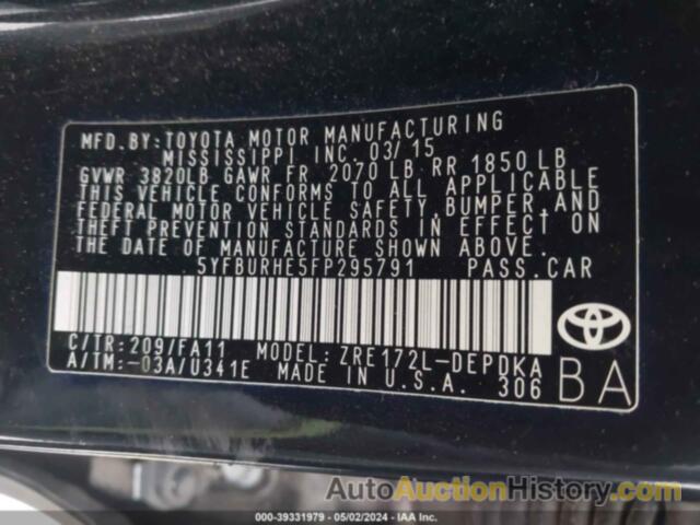 TOYOTA COROLLA L/LE/LE PLS/PRM/S/S PLS, 5YFBURHE5FP295791