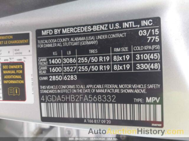MERCEDES-BENZ ML 350 4MATIC, 4JGDA5HB2FA568332