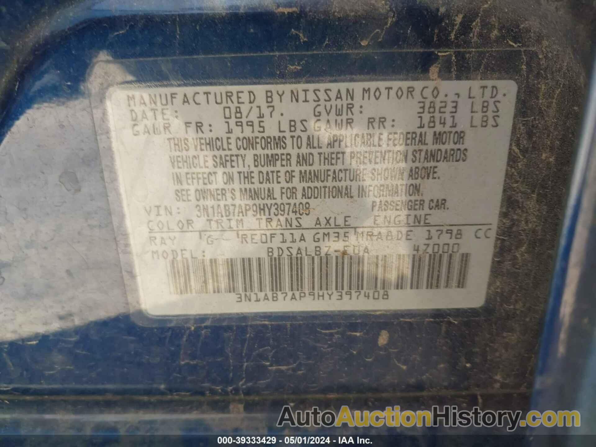 NISSAN SENTRA S, 3N1AB7AP9HY397408