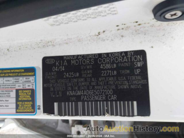 KIA OPTIMA HYBRID, KNAGM4AD6E5072100