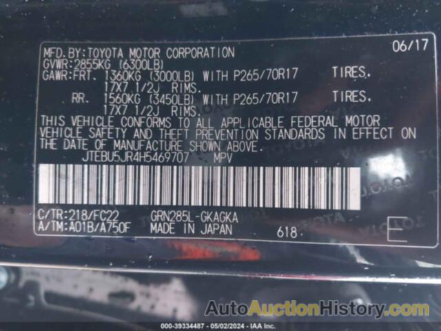 TOYOTA 4RUNNER SR5 PREM/LTDL/TRAIL/TRD, JTEBU5JR4H5469707