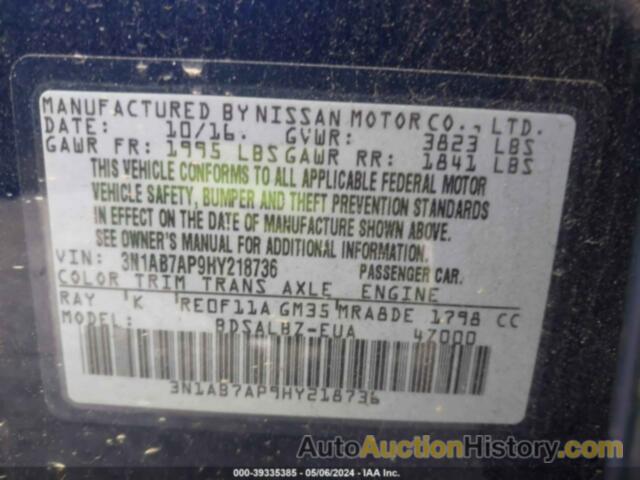 NISSAN SENTRA S, 3N1AB7AP9HY218736