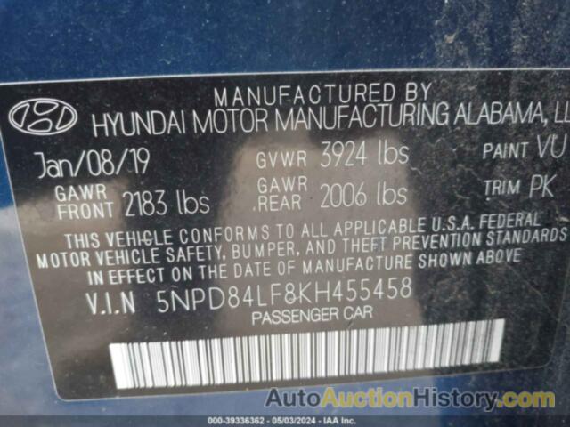 HYUNDAI ELANTRA SEL, 5NPD84LF8KH455458