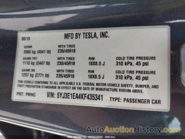 TESLA MODEL 3 LONG RANGE/MID RANGE/STANDARD RANGE/STANDARD RANGE PLUS, 5YJ3E1EA4KF435341