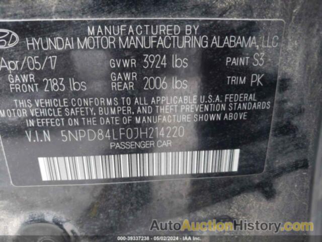 HYUNDAI ELANTRA SEL/VALUE/LIMITED, 5NPD84LF0JH214220