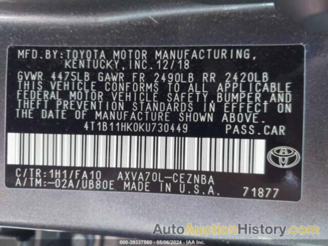 TOYOTA CAMRY L/LE/XLE/SE/XSE, 4T1B11HK0KU730449