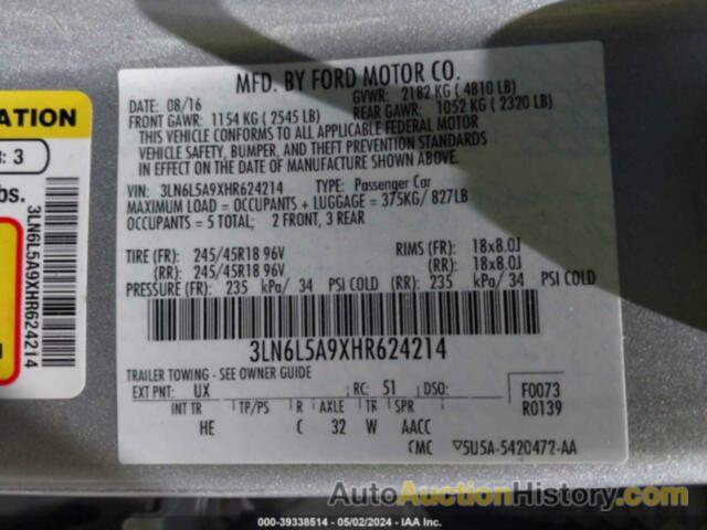 LINCOLN MKZ PREMIERE, 3LN6L5A9XHR624214