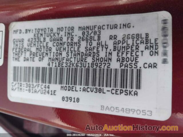 TOYOTA CAMRY SE, 4T1BE32K63U189272