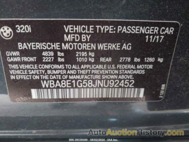 BMW 320I, WBA8E1G58JNU92452