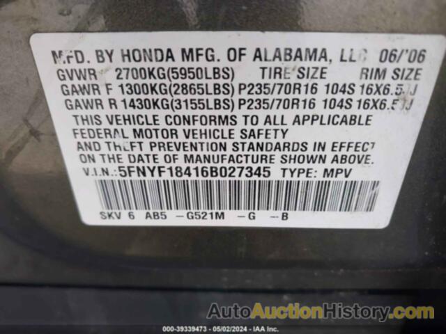 HONDA PILOT EX, 5FNYF18416B027345