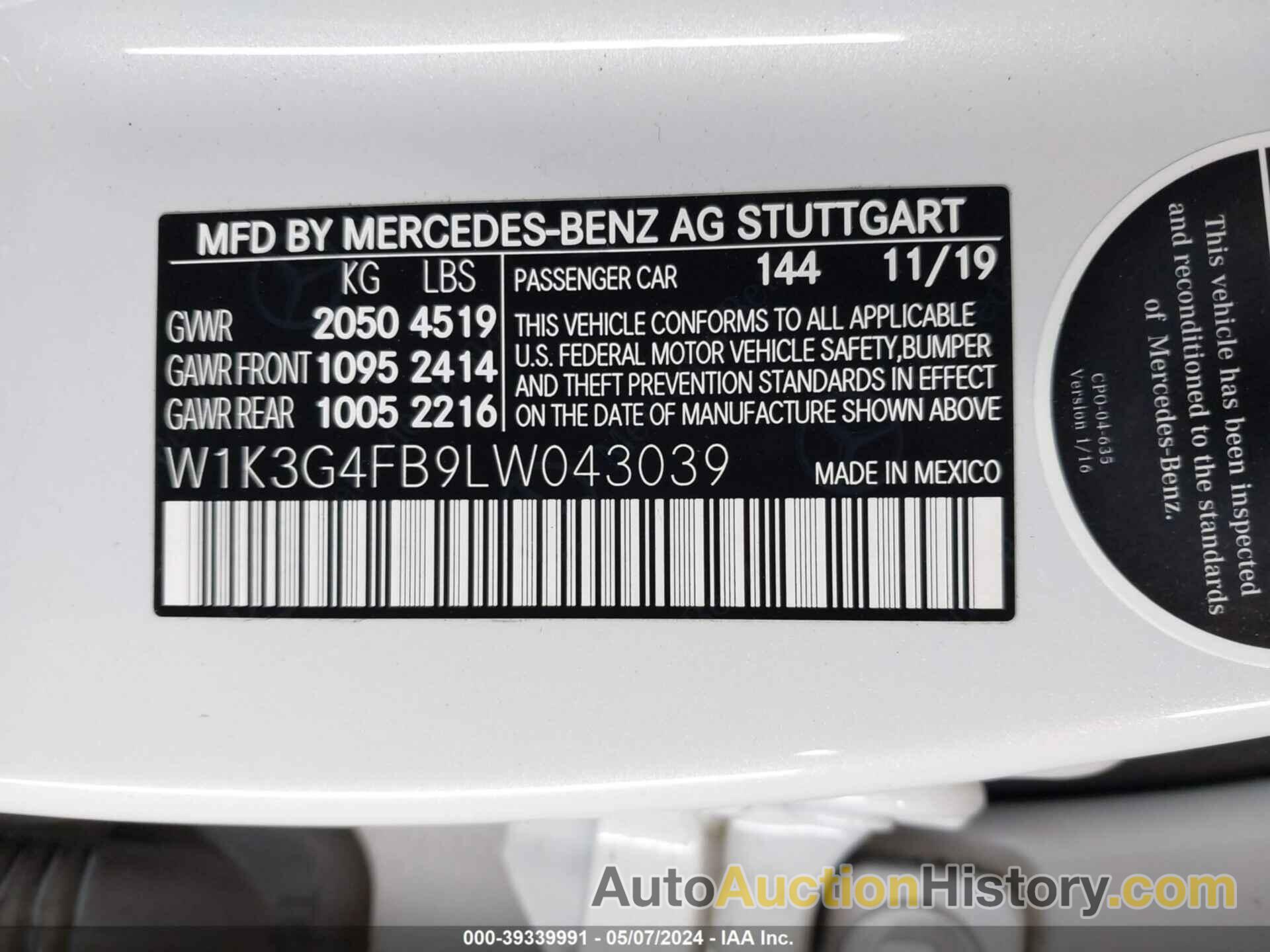 MERCEDES-BENZ A 220 4MATIC, W1K3G4FB9LW043039