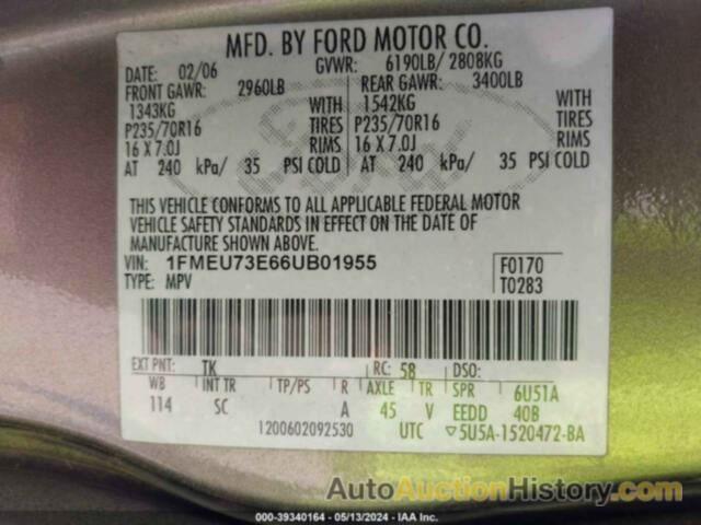 FORD EXPLORER XLT, 1FMEU73E66UB01955