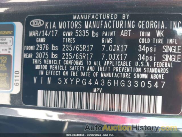 KIA SORENTO 2.4L LX, 5XYPG4A36HG330547