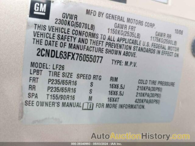 CHEVROLET EQUINOX LT, 2CNDL63FX76055077