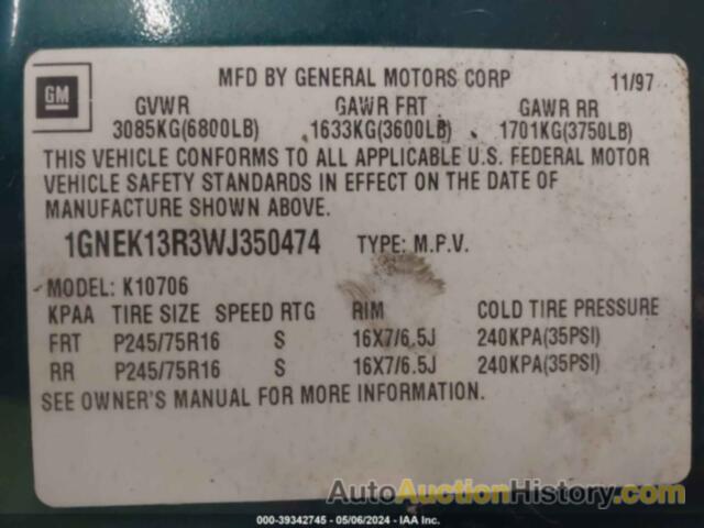 CHEVROLET TAHOE LS, 1GNEK13R3WJ350474