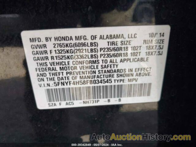 HONDA PILOT EX-L, 5FNYF4H58FB034545