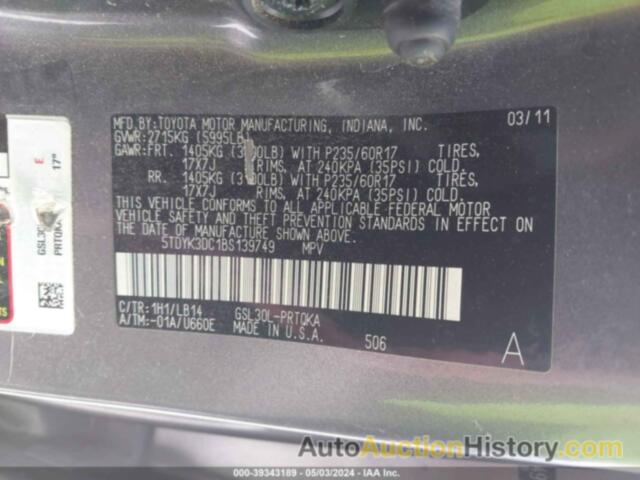 TOYOTA SIENNA XLE/LIMITED, 5TDYK3DC1BS139749