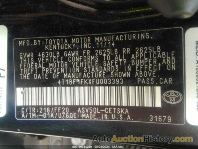 TOYOTA CAMRY LE/SE/XLE/XSE, 4T1BF1FKXFU003393