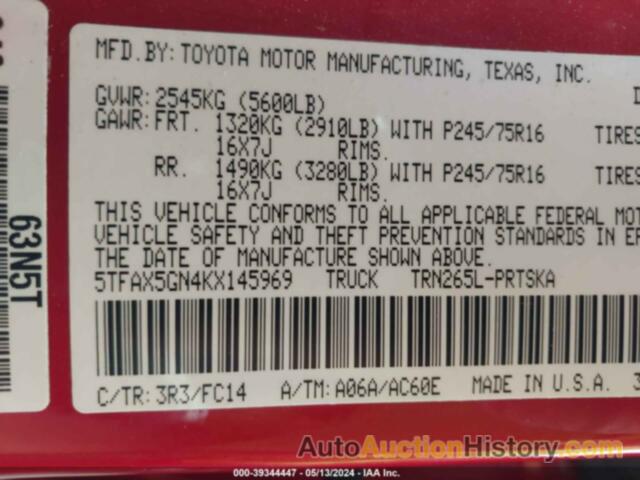 TOYOTA TACOMA DOUBLE CAB/SR/SR5, 5TFAX5GN4KX145969