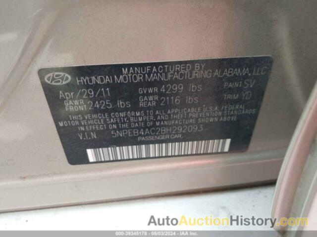 HYUNDAI SONATA GLS, 5NPEB4AC2BH292093