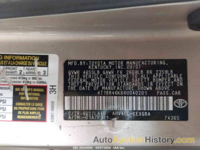 TOYOTA CAMRY HYBRID HYBRID, 4T1BB46K68U040201