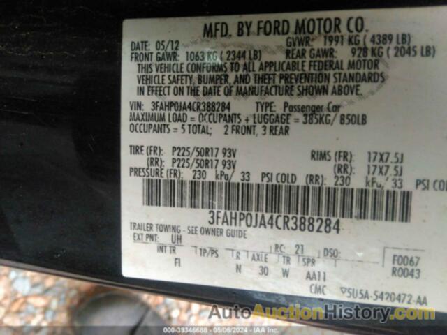 FORD FUSION SEL, 3FAHP0JA4CR388284