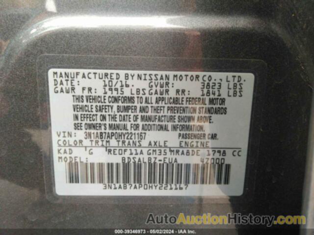 NISSAN SENTRA S, 3N1AB7AP0HY221167