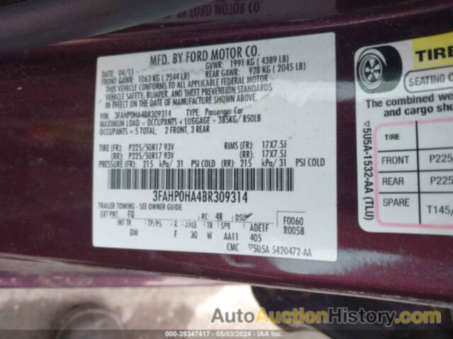 FORD FUSION SE, 3FAHP0HA4BR309314