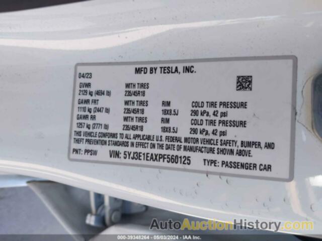 TESLA MODEL 3 REAR-WHEEL DRIVE, 5YJ3E1EAXPF560125