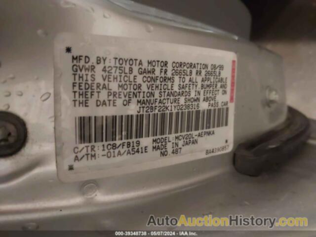 TOYOTA CAMRY LE V6, JT2BF22K1Y0238316