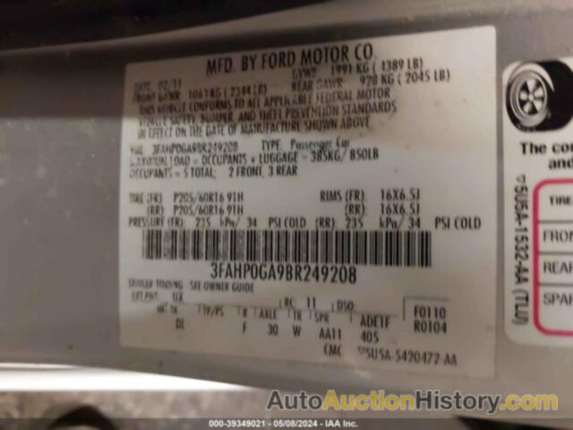 FORD FUSION S, 3FAHP0GA9BR249208