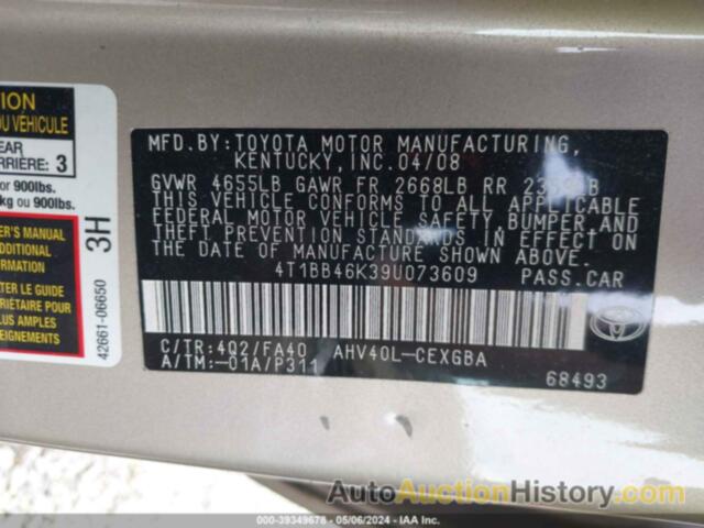 TOYOTA CAMRY HYBRID, 4T1BB46K39U073609