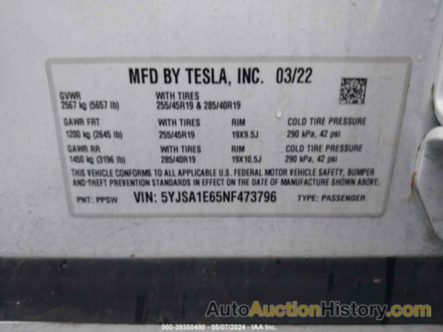 TESLA MODEL S PLAID TRI MOTOR ALL-WHEEL DRIVE, 5YJSA1E65NF473796