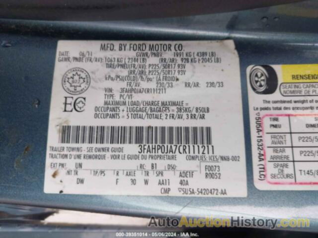 FORD FUSION SEL, 3FAHP0JA7CR111211