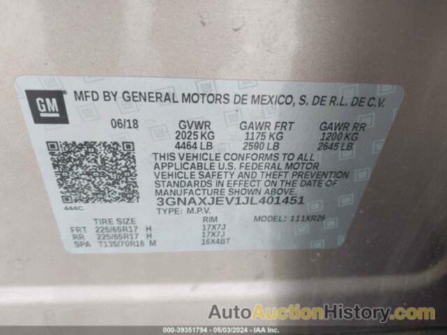 CHEVROLET EQUINOX LT, 3GNAXJEV1JL401451