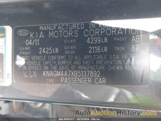 KIA OPTIMA LX, KNAGM4A7XB5137892