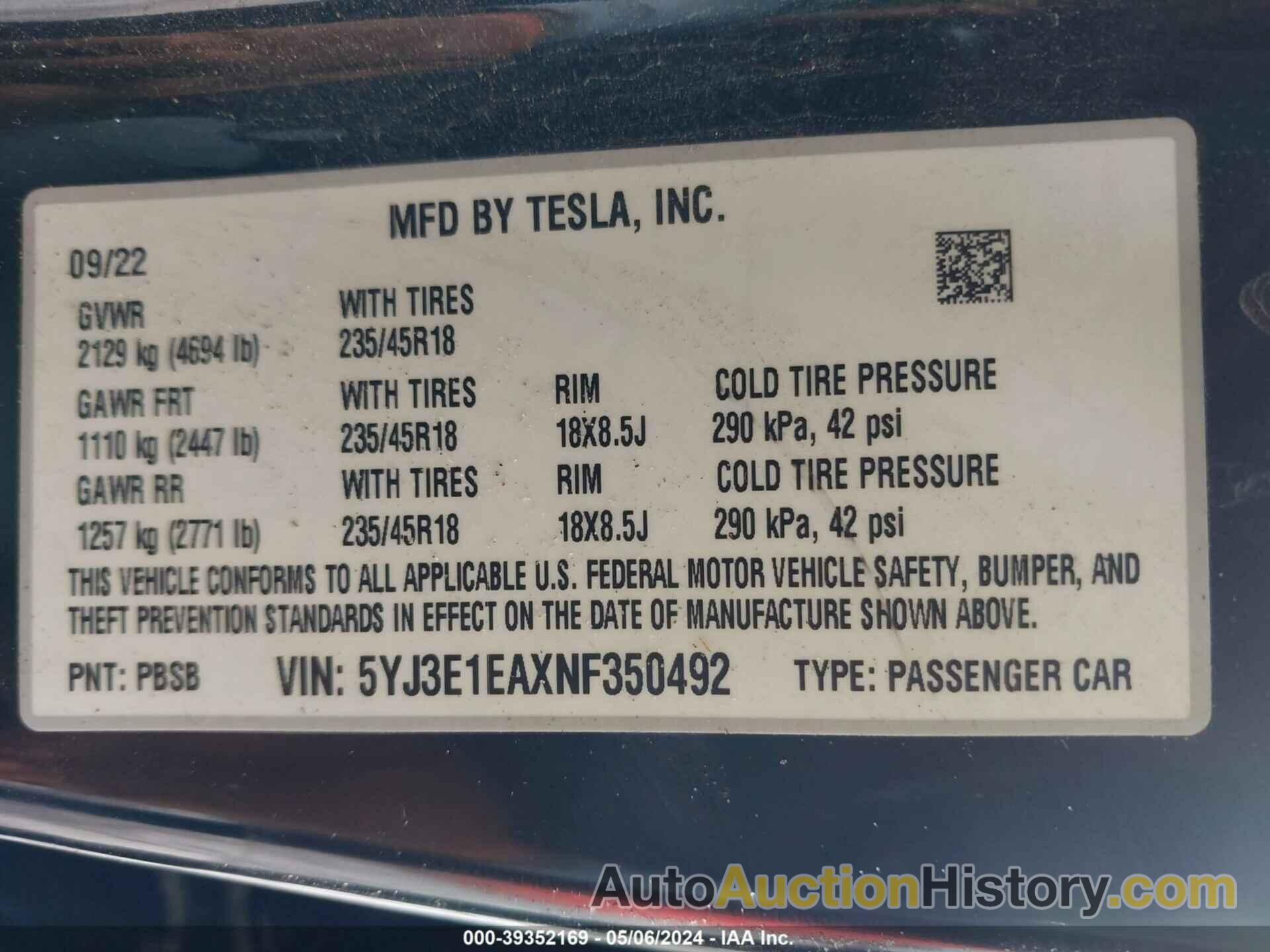 TESLA MODEL 3 REAR-WHEEL DRIVE, 5YJ3E1EAXNF350492