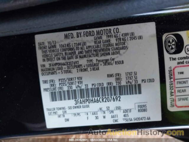 FORD FUSION SE, 3FAHP0HA6CR207692