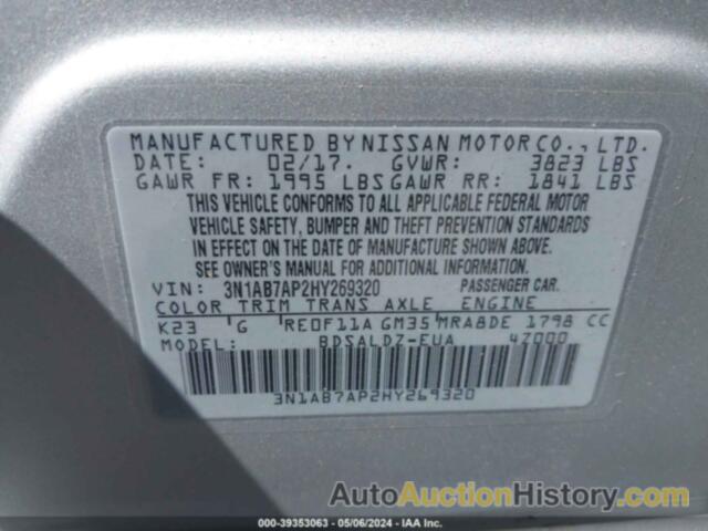 NISSAN SENTRA S/SV/SR/SL, 3N1AB7AP2HY269320