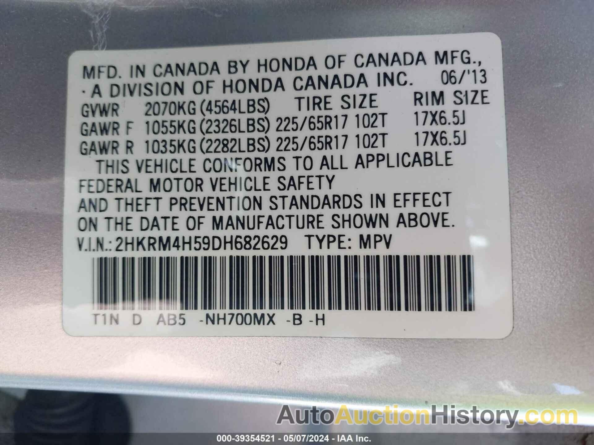 HONDA CR-V EX, 2HKRM4H59DH682629