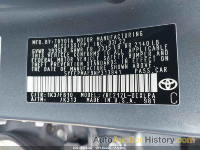 TOYOTA COROLLA LE, 5YFEPMAE9NP313841