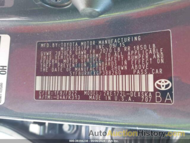 TOYOTA COROLLA L/LE/LE PLS/PRM/S/S PLS, 5YFBURHEXGP388260